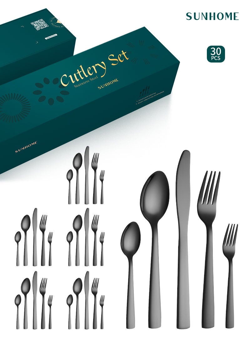 SUNHOME 30-Piece Stainless Steel Cutlery Set, Black Flatware Set for 6 Person, Mirror Polished Dishwasher Safe Rust Resistant Food Grade Tableware Set, Ideal for Home Kitchen Party Eid Gift - Image 1